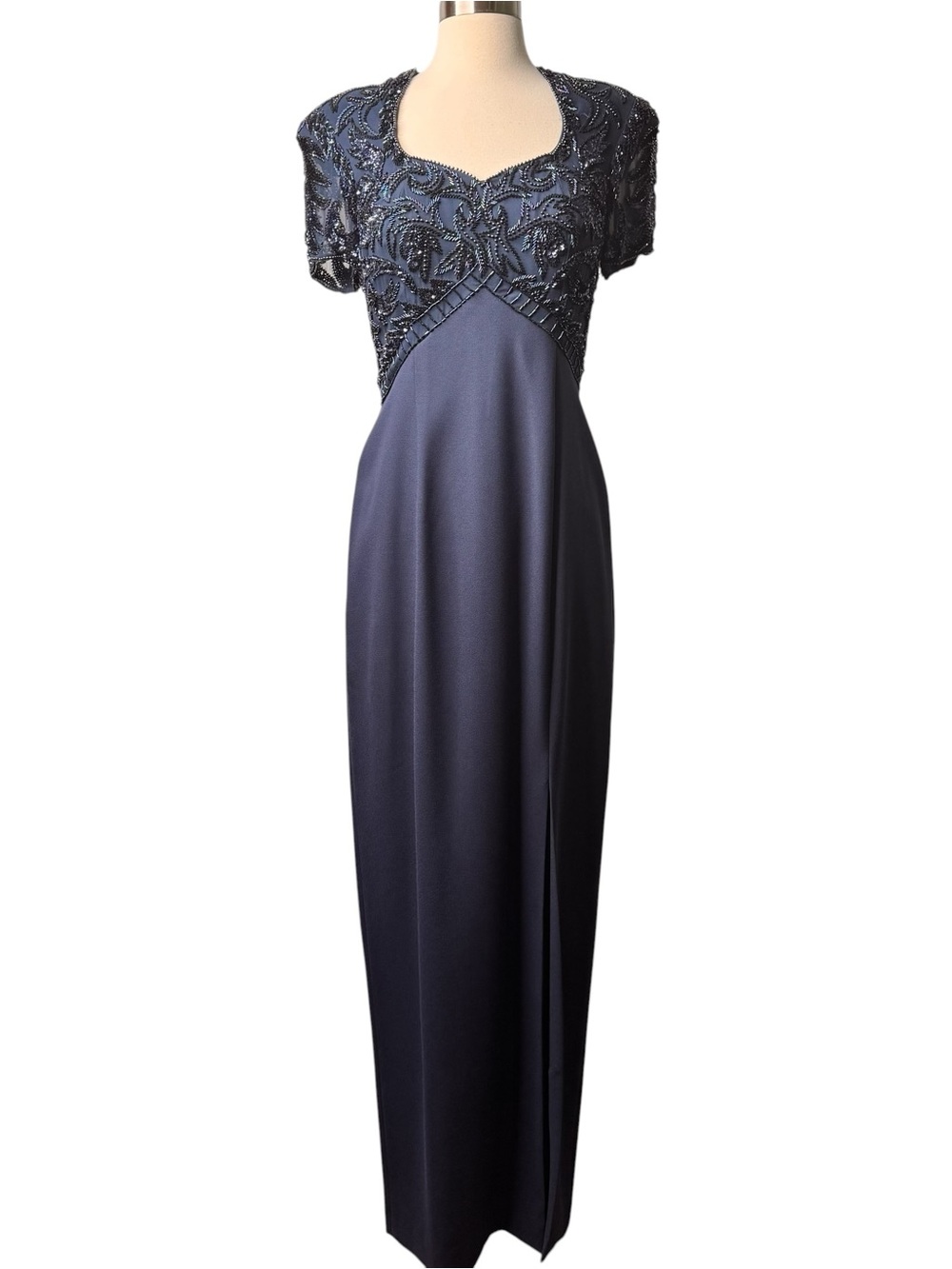 Navy Short Sleeve Beaded Evening Dress Gown 8